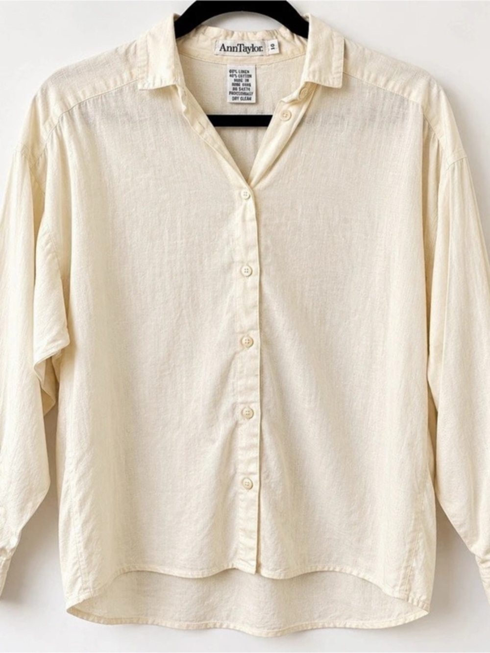 Vintage Ann Taylor Linen Cotton Button Down Shirt Ivory Size 10 Made Hong Kong
